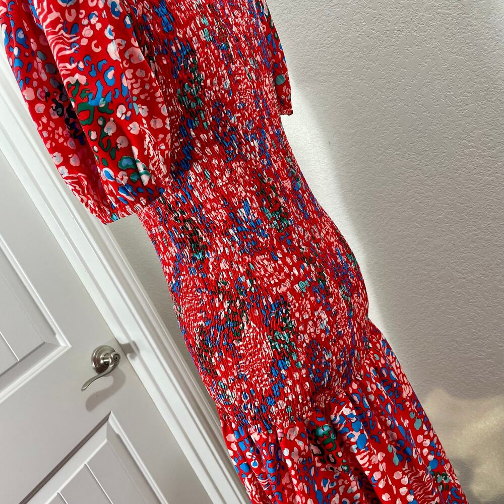 NEVER FULLY DRESSED Scarlett Midi Dress Leopard Print Smocked Dress Puff Sleeve - Picture 5 of 10